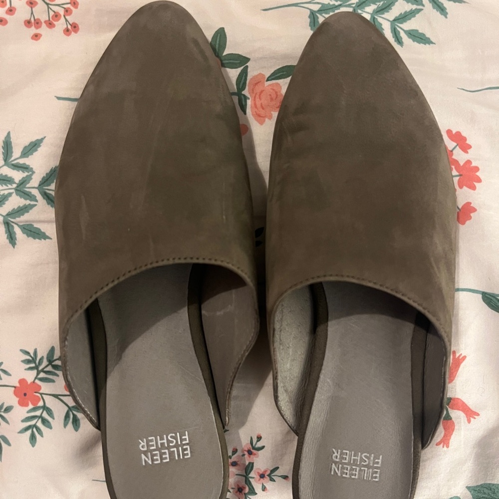 Eileen Fisher Olive Suede Mules